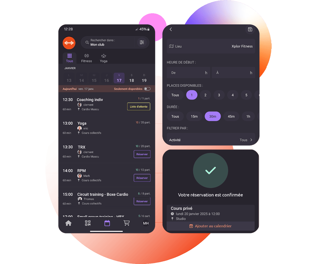Application membress réservation en ligne club de sport