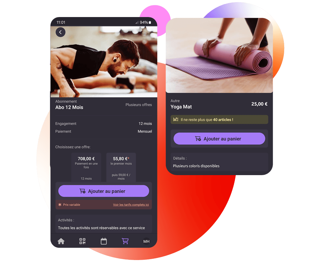 Application membres boutique en ligne et vente pour club de sport , salle de sport